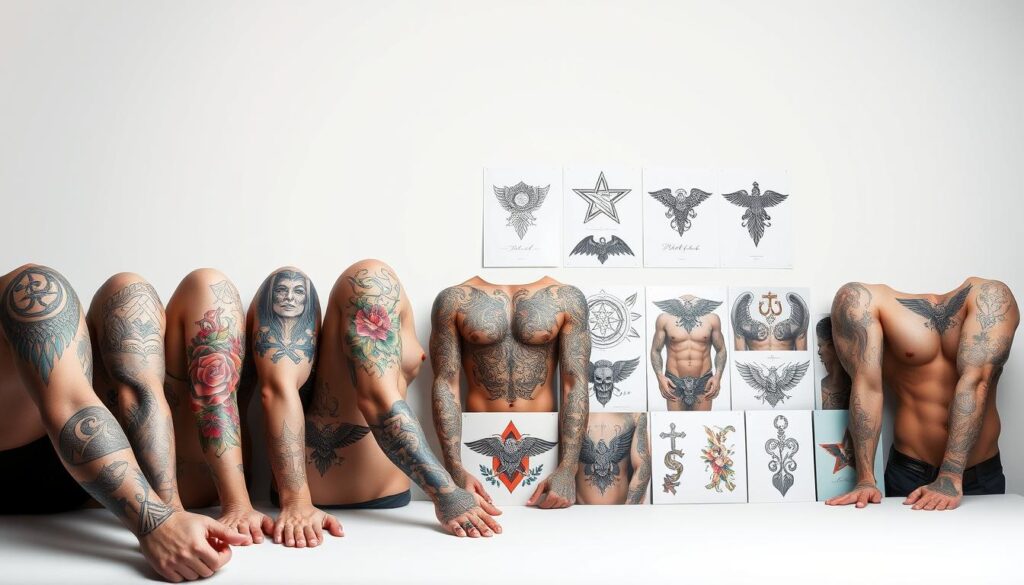 A high-quality photorealistic image of various tattoo designs against a clean, neutral background. The foreground features a diverse array of tattoo styles, including tribal, floral, geometric, and script, showcased on arms and torsos. The middle ground presents additional tattoo samples in a visually compelling arrangement, with a focus on different sizes, placements, and motifs. The background is softly lit, creating a serene and professional atmosphere, allowing the tattoo designs to be the primary focus. The overall composition is well-balanced, highlighting the variety and artistry of the tattoo styles in a clear, informative manner. A high-quality photorealistic image of various tattoo designs against a clean, neutral background. The foreground features a diverse array of tattoo styles, including tribal, floral, geometric, and script, showcased on arms and torsos. The middle ground presents additional tattoo samples in a visually compelling arrangement, with a focus on different sizes, placements, and motifs. The background is softly lit, creating a serene and professional atmosphere, allowing the tattoo designs to be the primary focus. The overall composition is well-balanced, highlighting the variety and artistry of the tattoo styles in a clear, informative manner.