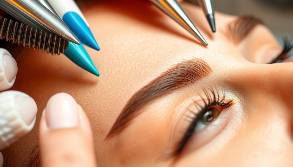A high-resolution close-up view of various methods for eyebrow grooming and shaping, including threading, waxing, tweezing, and microblading. The image should be captured with a professional-grade camera lens, showcasing the intricate details and textures of the different techniques. The lighting should be soft and diffused, creating a warm and inviting atmosphere. The composition should be well-balanced, with the eyebrow treatments occupying the center of the frame and the background blurred to emphasize the subject. The overall tone should convey a sense of expertise, professionalism, and attention to detail, reflecting the technical nature of the eyebrow grooming process.