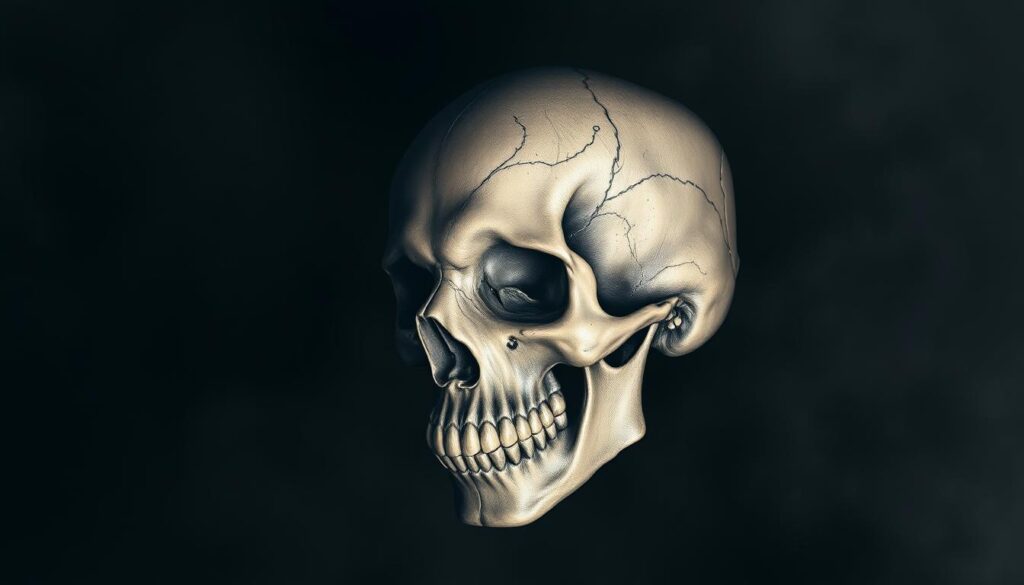 A highly detailed, photorealistic skull tattoo design set against a moody, atmospheric background. The skull is prominently featured in the foreground, with intricate linework and shading capturing the nuances of the bony anatomy. The eye sockets gaze intensely, conveying a sense of power and resilience. Soft, dramatic lighting illuminates the skull from the side, casting deep shadows and highlights that accentuate its form. The background is hazy and ethereal, with wispy clouds or a subtle gradient evoking the themes of mortality, transition, and inner strength. A highly detailed, photorealistic skull tattoo design set against a moody, atmospheric background. The skull is prominently featured in the foreground, with intricate linework and shading capturing the nuances of the bony anatomy. The eye sockets gaze intensely, conveying a sense of power and resilience. Soft, dramatic lighting illuminates the skull from the side, casting deep shadows and highlights that accentuate its form. The background is hazy and ethereal, with wispy clouds or a subtle gradient evoking the themes of mortality, transition, and inner strength.