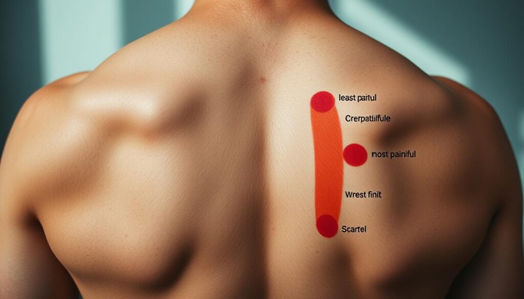 A highly detailed tattoo map highlighting the pain levels of different areas on a human back, shot from a slightly elevated angle with a shallow depth of field. The skin tone is realistic, with visible pores and fine details. The map features a color-coded gradient, from green (least painful) to red (most painful), with clear labels indicating the specific areas. The lighting is soft and natural, casting gentle shadows that accentuate the contours of the back. The overall tone is informative and clinical, conveying the educational purpose of the image.