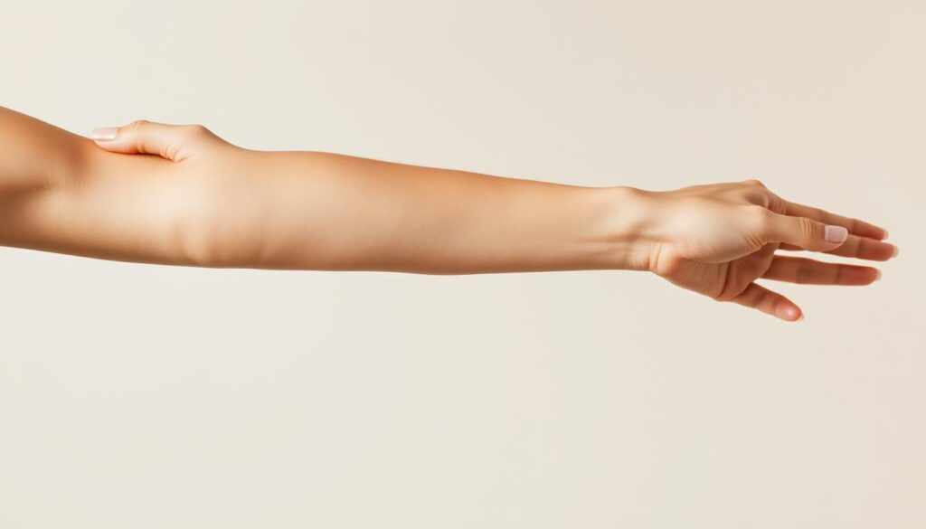 A human arm, lightly tanned, is stretched out against a soft, neutral background. The skin is smooth and unblemished, offering a blank canvas. The camera captures the limb in a close-up, emphasizing the contours and natural textures. Diffused, natural lighting casts gentle shadows, creating depth and dimension. The angle is slightly tilted, inviting the viewer to imagine the placement of a detailed, intricate tattoo design. The composition is clean, elegant, and focused, drawing the eye to the prime real estate for a meaningful, well-placed body art. A human arm, lightly tanned, is stretched out against a soft, neutral background. The skin is smooth and unblemished, offering a blank canvas. The camera captures the limb in a close-up, emphasizing the contours and natural textures. Diffused, natural lighting casts gentle shadows, creating depth and dimension. The angle is slightly tilted, inviting the viewer to imagine the placement of a detailed, intricate tattoo design. The composition is clean, elegant, and focused, drawing the eye to the prime real estate for a meaningful, well-placed body art.