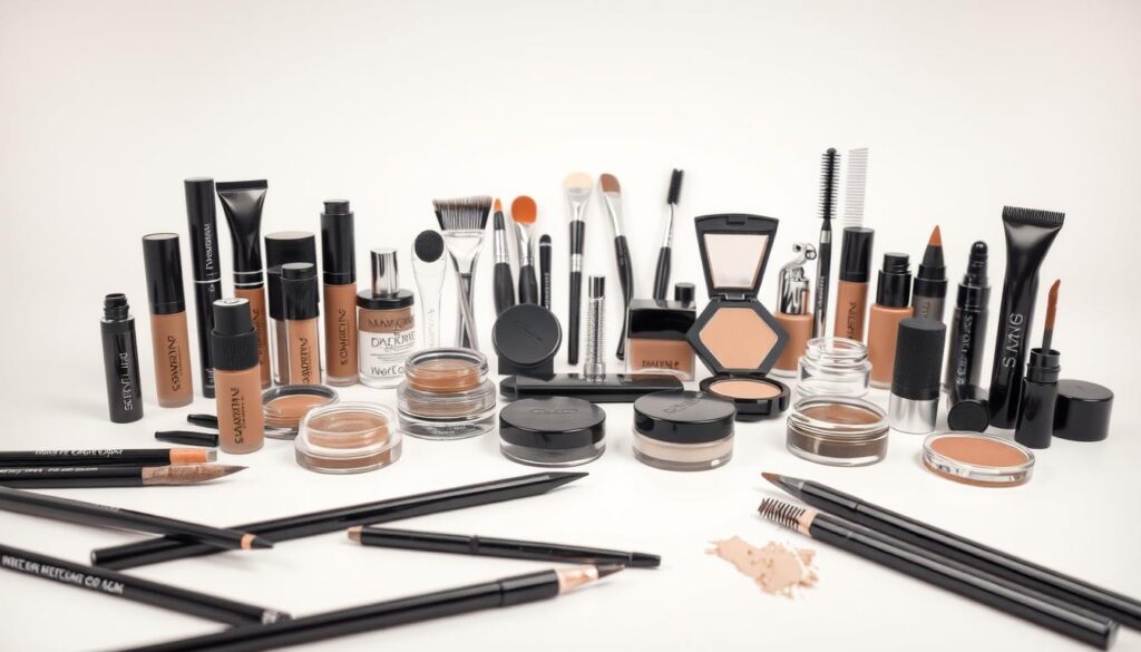 A meticulously crafted collection of professional eyebrow makeup products, arranged in a visually appealing still life. The foreground features an assortment of eyebrow pencils, gels, and powders in a variety of neutral and bold shades, neatly organized on a clean, minimalist surface. The middle ground showcases various eyebrow grooming tools, such as tweezers, brushes, and brow combs, highlighting the importance of proper eyebrow shaping and maintenance. The background is a softly lit, neutral-toned studio setting, creating a sense of calmness and focus on the subject matter. The overall composition conveys a sense of sophistication, expertise, and the diverse range of options available for achieving beautifully defined and enhanced eyebrows. A meticulously crafted collection of professional eyebrow makeup products, arranged in a visually appealing still life. The foreground features an assortment of eyebrow pencils, gels, and powders in a variety of neutral and bold shades, neatly organized on a clean, minimalist surface. The middle ground showcases various eyebrow grooming tools, such as tweezers, brushes, and brow combs, highlighting the importance of proper eyebrow shaping and maintenance. The background is a softly lit, neutral-toned studio setting, creating a sense of calmness and focus on the subject matter. The overall composition conveys a sense of sophistication, expertise, and the diverse range of options available for achieving beautifully defined and enhanced eyebrows.