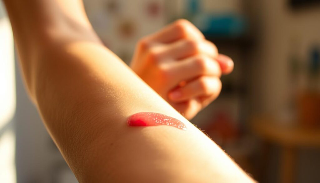 A person's arm with a fresh, vibrant tattoo on the foreground, highlighted by warm, natural lighting that casts a soft glow. The tattoo appears slightly raised and red, with a sheen of moisturizer, conveying the sensation of itchiness and the initial stages of the healing process. The middle ground features the person's hand gently scratching the tattooed area, while the background is blurred, creating a sense of focus on the healing experience. The overall atmosphere is one of introspection and the viewer's attention is drawn to the tactile sensations and the healing journey of the newly inked skin. A person's arm with a fresh, vibrant tattoo on the foreground, highlighted by warm, natural lighting that casts a soft glow. The tattoo appears slightly raised and red, with a sheen of moisturizer, conveying the sensation of itchiness and the initial stages of the healing process. The middle ground features the person's hand gently scratching the tattooed area, while the background is blurred, creating a sense of focus on the healing experience. The overall atmosphere is one of introspection and the viewer's attention is drawn to the tactile sensations and the healing journey of the newly inked skin.