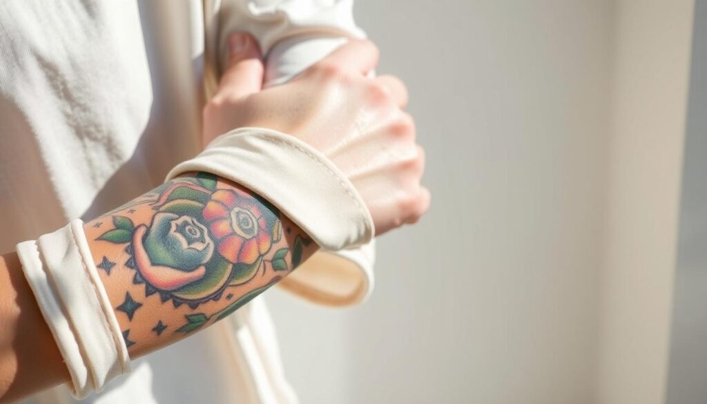 A person's arm with a vibrant, intricate tattoo design, shielded from the sun's rays by a light, breathable fabric sleeve. The tattoo's colors pop against the muted, neutral tones of the fabric, creating a striking visual contrast. Diffused natural lighting casts a soft, flattering glow on the scene, highlighting the delicate detailing of the tattoo. The overall composition conveys a sense of protection and care, underscoring the importance of safeguarding one's body art from the sun's damaging effects. A person's arm with a vibrant, intricate tattoo design, shielded from the sun's rays by a light, breathable fabric sleeve. The tattoo's colors pop against the muted, neutral tones of the fabric, creating a striking visual contrast. Diffused natural lighting casts a soft, flattering glow on the scene, highlighting the delicate detailing of the tattoo. The overall composition conveys a sense of protection and care, underscoring the importance of safeguarding one's body art from the sun's damaging effects.