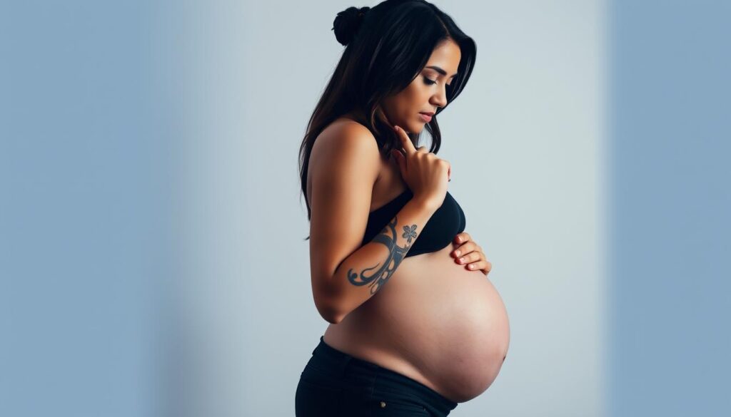 A pregnant woman, her baby bump prominently displayed, stands before a plain background. She contemplates a tattoo design, her expression one of deep thought and consideration. The lighting is soft and flattering, casting gentle shadows that accentuate the curves of her figure. The camera angle is slightly low, lending an air of authority and confidence to the scene. The overall mood is one of introspection and decision-making, as the woman ponders the implications of getting a tattoo during her pregnancy. A pregnant woman, her baby bump prominently displayed, stands before a plain background. She contemplates a tattoo design, her expression one of deep thought and consideration. The lighting is soft and flattering, casting gentle shadows that accentuate the curves of her figure. The camera angle is slightly low, lending an air of authority and confidence to the scene. The overall mood is one of introspection and decision-making, as the woman ponders the implications of getting a tattoo during her pregnancy.