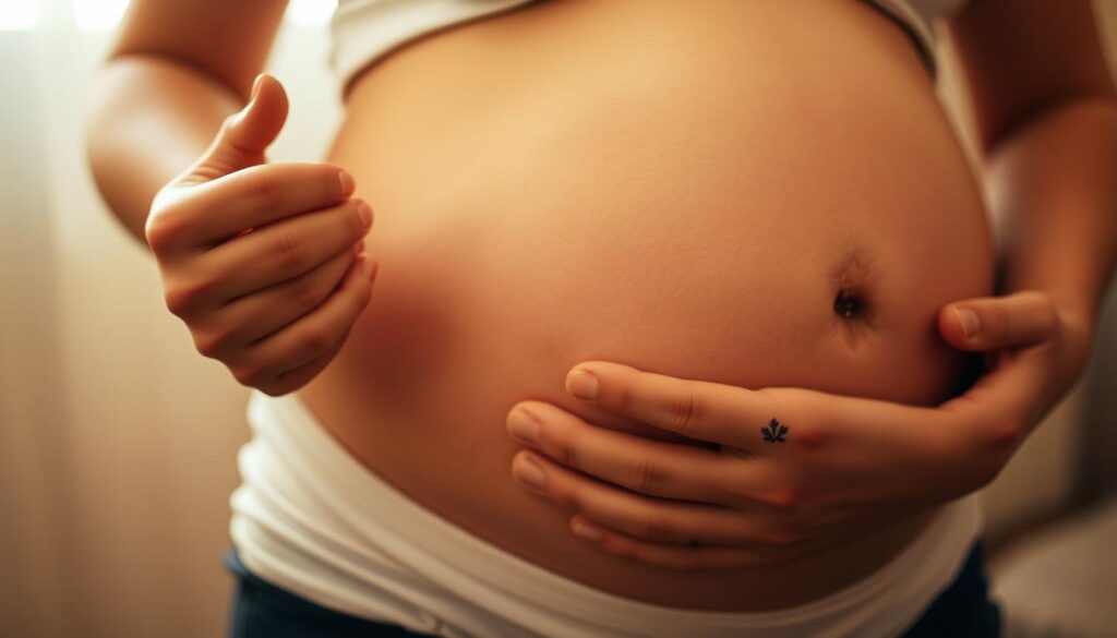 A pregnant woman's belly, her skin glowing, as she carefully examines a small, delicate tattoo on her wrist. The image is bathed in soft, warm lighting, creating a serene and contemplative atmosphere. The tattoo design is subtle, perhaps a nature-inspired motif, conveying the care and consideration the woman has taken in her decision. The background is blurred, keeping the focus on her thoughtful expression and the intricate details of the ink on her skin. The overall mood is one of tranquility and the careful consideration of personal choices during this significant time. A pregnant woman's belly, her skin glowing, as she carefully examines a small, delicate tattoo on her wrist. The image is bathed in soft, warm lighting, creating a serene and contemplative atmosphere. The tattoo design is subtle, perhaps a nature-inspired motif, conveying the care and consideration the woman has taken in her decision. The background is blurred, keeping the focus on her thoughtful expression and the intricate details of the ink on her skin. The overall mood is one of tranquility and the careful consideration of personal choices during this significant time.