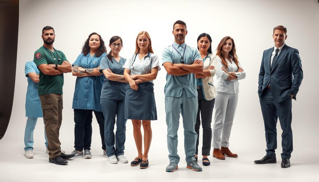 A professional studio shot of several people in different occupations that typically have restrictions on visible tattoos, such as healthcare workers, uniformed services, and corporate office employees. The scene is well-lit with soft, even lighting and a plain white backdrop, highlighting the subjects' attire and body language. The overall mood is serious and focused, conveying the sense of professionalism and adherence to dress code policies. The composition features a mix of full-body and close-up shots, allowing the viewer to clearly see the absence of visible tattoos on the subjects' exposed skin. A professional studio shot of several people in different occupations that typically have restrictions on visible tattoos, such as healthcare workers, uniformed services, and corporate office employees. The scene is well-lit with soft, even lighting and a plain white backdrop, highlighting the subjects' attire and body language. The overall mood is serious and focused, conveying the sense of professionalism and adherence to dress code policies. The composition features a mix of full-body and close-up shots, allowing the viewer to clearly see the absence of visible tattoos on the subjects' exposed skin.