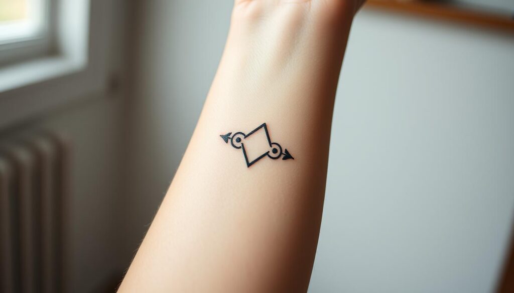 A realistic tattoo on a human forearm, centered in the frame. The tattoo design is a simple yet elegant geometric pattern, measuring approximately 10 cm in length. The skin tone is fair, and the tattoo appears freshly inked, with slight redness and swelling around the edges. The lighting is soft and natural, creating subtle shadows that accentuate the contours of the arm. The background is slightly blurred, but hints at a neutral, indoor setting, allowing the focus to remain on the tattoo itself. The overall mood is one of detailed documentation, showcasing the tattoo design and its placement on the body. A realistic tattoo on a human forearm, centered in the frame. The tattoo design is a simple yet elegant geometric pattern, measuring approximately 10 cm in length. The skin tone is fair, and the tattoo appears freshly inked, with slight redness and swelling around the edges. The lighting is soft and natural, creating subtle shadows that accentuate the contours of the arm. The background is slightly blurred, but hints at a neutral, indoor setting, allowing the focus to remain on the tattoo itself. The overall mood is one of detailed documentation, showcasing the tattoo design and its placement on the body.