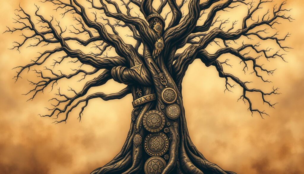 A serene and intricate tattoo design of an ancient oak tree, its gnarled branches reaching skyward against a softly lit backdrop. The tree's trunk is adorned with intricate patterns and symbols, each one holding deep personal significance - a visual representation of life's journey, family bonds, and a profound sense of grounding. The image is suffused with a warm, earthy palette, conveying a sense of timelessness and a connection to the natural world. The composition is balanced, with the tree's majestic presence commanding the center, while the surrounding elements subtly enhance the overall narrative. The lighting is gentle, creating a contemplative and reverent atmosphere, inviting the viewer to ponder the meaning behind this powerful and symbolic tattoo design. A serene and intricate tattoo design of an ancient oak tree, its gnarled branches reaching skyward against a softly lit backdrop. The tree's trunk is adorned with intricate patterns and symbols, each one holding deep personal significance - a visual representation of life's journey, family bonds, and a profound sense of grounding. The image is suffused with a warm, earthy palette, conveying a sense of timelessness and a connection to the natural world. The composition is balanced, with the tree's majestic presence commanding the center, while the surrounding elements subtly enhance the overall narrative. The lighting is gentle, creating a contemplative and reverent atmosphere, inviting the viewer to ponder the meaning behind this powerful and symbolic tattoo design.