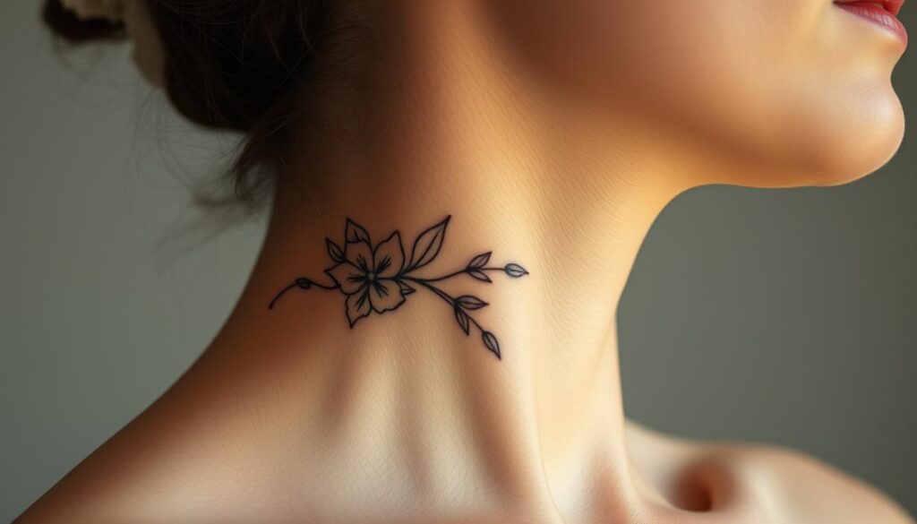 A serene and tasteful close-up portrait of a woman's neck, featuring a delicate floral tattoo design that gracefully wraps around her skin. The lighting is soft and flattering, highlighting the intricate linework and subtle shading of the ink. The background is blurred, allowing the tattoo to be the focal point. The overall mood is one of elegance and personal expression, showcasing the beauty and artistry of neck tattoos. A serene and tasteful close-up portrait of a woman's neck, featuring a delicate floral tattoo design that gracefully wraps around her skin. The lighting is soft and flattering, highlighting the intricate linework and subtle shading of the ink. The background is blurred, allowing the tattoo to be the focal point. The overall mood is one of elegance and personal expression, showcasing the beauty and artistry of neck tattoos.
