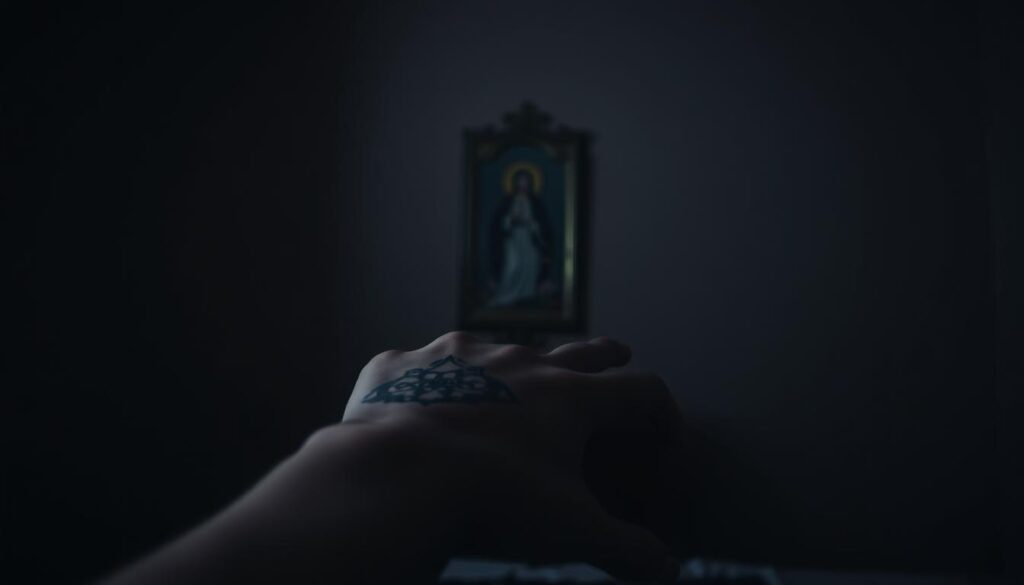 A serene, dimly lit room with a sense of contemplation. In the foreground, a person's hand rests on their arm, revealing a intricate tattoo design. The tattoo casts a soft, ethereal glow, hinting at the deeper, more complex relationship between bodily expression and moral/spiritual beliefs. The middle ground features a subtly defocused religious iconography, blurring the lines between the physical and the metaphysical. The background is a muted, textured wall, creating a sense of depth and introspection. The overall atmosphere evokes a thoughtful, meditative mood, inviting the viewer to ponder the intersection of personal identity, artistic expression, and moral/religious convictions. A serene, dimly lit room with a sense of contemplation. In the foreground, a person's hand rests on their arm, revealing a intricate tattoo design. The tattoo casts a soft, ethereal glow, hinting at the deeper, more complex relationship between bodily expression and moral/spiritual beliefs. The middle ground features a subtly defocused religious iconography, blurring the lines between the physical and the metaphysical. The background is a muted, textured wall, creating a sense of depth and introspection. The overall atmosphere evokes a thoughtful, meditative mood, inviting the viewer to ponder the intersection of personal identity, artistic expression, and moral/religious convictions.