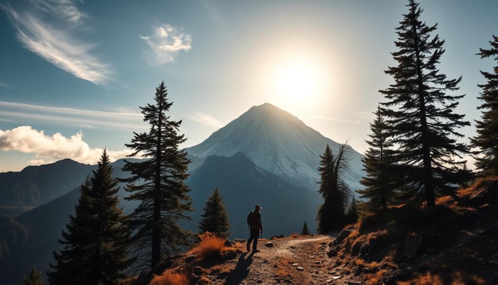 A serene mountain landscape, with a majestic snow-capped peak rising against a clear, azure sky. In the foreground, a lone hiker stands, their silhouette casting a resolute shadow. The light filters through wispy clouds, casting a warm, golden glow over the rugged terrain. Towering evergreen trees line the winding path, their branches swaying gently in a light breeze. The scene conveys a sense of steadfastness, tranquility, and inner strength, embodying the deeper significance of a mountain tattoo - a symbolic representation of perseverance, harmony, and the power within. A serene mountain landscape, with a majestic snow-capped peak rising against a clear, azure sky. In the foreground, a lone hiker stands, their silhouette casting a resolute shadow. The light filters through wispy clouds, casting a warm, golden glow over the rugged terrain. Towering evergreen trees line the winding path, their branches swaying gently in a light breeze. The scene conveys a sense of steadfastness, tranquility, and inner strength, embodying the deeper significance of a mountain tattoo - a symbolic representation of perseverance, harmony, and the power within.