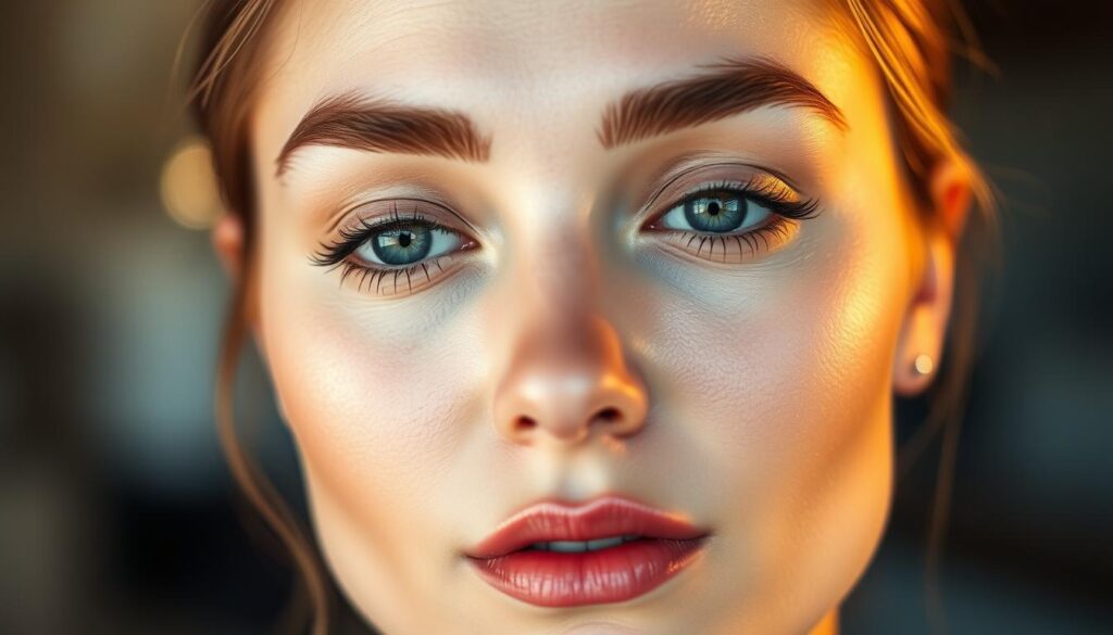 A serene, natural-looking woman's face with beautifully defined eyebrows, softly illuminated by warm, diffused lighting. The eyebrows are filled in with a subtle, blended eyeshadow that enhances their shape and definition, creating a flawless, effortless look. The background is a soft, out-of-focus blur, placing the focus entirely on the subject's face and eyebrows. The overall impression is one of natural beauty, confidence, and the transformative power of skillfully applying eyeshadow to the brows.