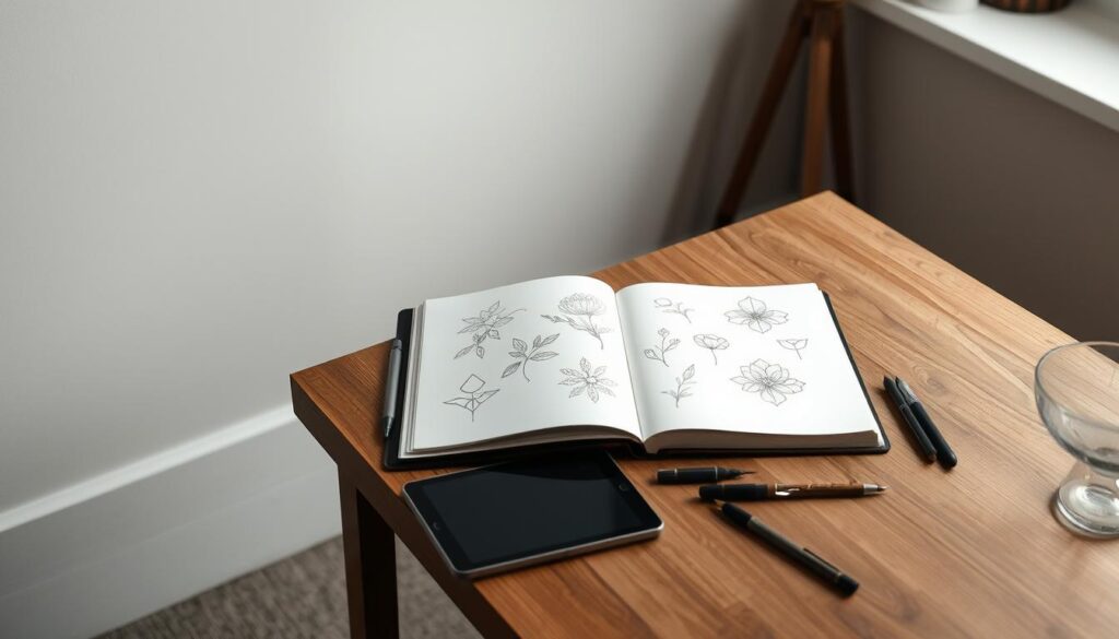 A serene studio setting with soft, diffused lighting illuminates a minimalist wooden table. Atop the table, an open sketchbook displays an array of delicate tattoo design sketches - intricate line work, graceful floral motifs, and abstract geometric patterns. Next to the sketchbook, various sketching tools and a tablet lay scattered, suggesting the thoughtful process of curating the perfect tattoo design. The background is a muted, neutral palette, allowing the creative elements to take center stage. The overall atmosphere is one of contemplation, inspiration, and the art of personalizing one's body canvas.