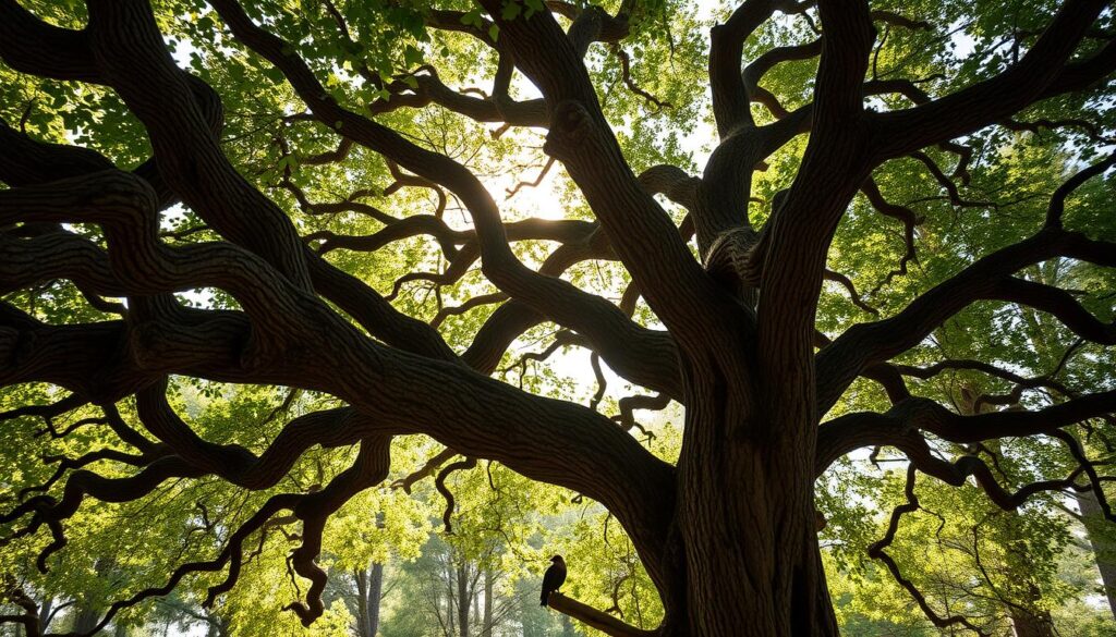 A serene, sun-dappled forest scene, the canopy of a majestic tree spreading its intricate branches across the frame. The bark's textured patterns swirl and intertwine, evoking the essence of life, family, and a deep sense of belonging. Soft, diffused lighting filters through the leaves, casting gentle shadows that dance across the ground. In the foreground, a solitary bird perches, a symbol of freedom and the cyclical nature of existence. The overall composition conveys a profound sense of tranquility and contemplation, inviting the viewer to ponder the significance of this powerful natural motif. A serene, sun-dappled forest scene, the canopy of a majestic tree spreading its intricate branches across the frame. The bark's textured patterns swirl and intertwine, evoking the essence of life, family, and a deep sense of belonging. Soft, diffused lighting filters through the leaves, casting gentle shadows that dance across the ground. In the foreground, a solitary bird perches, a symbol of freedom and the cyclical nature of existence. The overall composition conveys a profound sense of tranquility and contemplation, inviting the viewer to ponder the significance of this powerful natural motif.