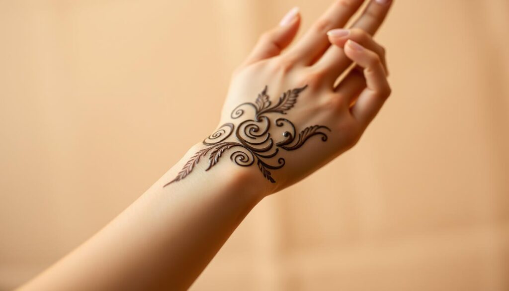 A serene, warm-toned scene of a person's hand gently applying henna paste onto the skin of their forearm. The application is delicate, with the henna pattern emerging in intricate, organic swirls. The background is a softly blurred, neutral palette, allowing the focus to remain on the hand's careful ministrations. Soft, diffused lighting casts a natural, flattering glow, emphasizing the rich, earthy tones of the henna. The overall mood is one of tranquility and reverence, as the subject prepares their skin for the subsequent tattoo. The composition is centered and balanced, highlighting the graceful process of pre-tattoo henna application. A serene, warm-toned scene of a person's hand gently applying henna paste onto the skin of their forearm. The application is delicate, with the henna pattern emerging in intricate, organic swirls. The background is a softly blurred, neutral palette, allowing the focus to remain on the hand's careful ministrations. Soft, diffused lighting casts a natural, flattering glow, emphasizing the rich, earthy tones of the henna. The overall mood is one of tranquility and reverence, as the subject prepares their skin for the subsequent tattoo. The composition is centered and balanced, highlighting the graceful process of pre-tattoo henna application.