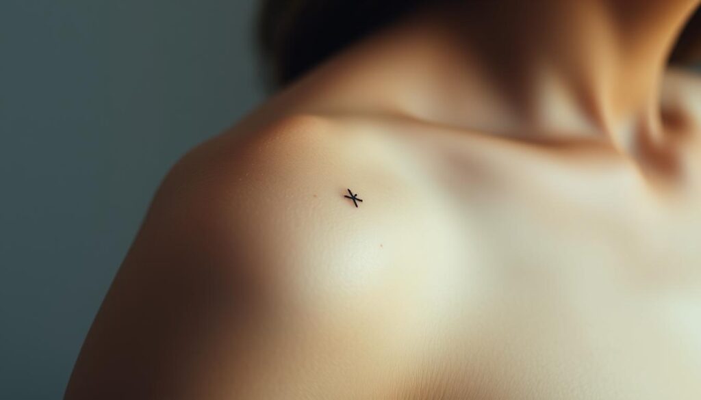 A small tattoo on a person's skin, minimalist in design, with fine lines and subtle shading. The tattoo is placed on a prominent yet unobtrusive area, such as the wrist, behind the ear, or on the side of the ribcage. The skin is smooth, healthy, and glowing, providing a clean canvas for the delicate artwork. The lighting is soft and diffused, creating a warm, intimate atmosphere that highlights the intricate details of the tattoo. The overall mood is one of simplicity, elegance, and the celebration of personal expression through body art. A small tattoo on a person's skin, minimalist in design, with fine lines and subtle shading. The tattoo is placed on a prominent yet unobtrusive area, such as the wrist, behind the ear, or on the side of the ribcage. The skin is smooth, healthy, and glowing, providing a clean canvas for the delicate artwork. The lighting is soft and diffused, creating a warm, intimate atmosphere that highlights the intricate details of the tattoo. The overall mood is one of simplicity, elegance, and the celebration of personal expression through body art.