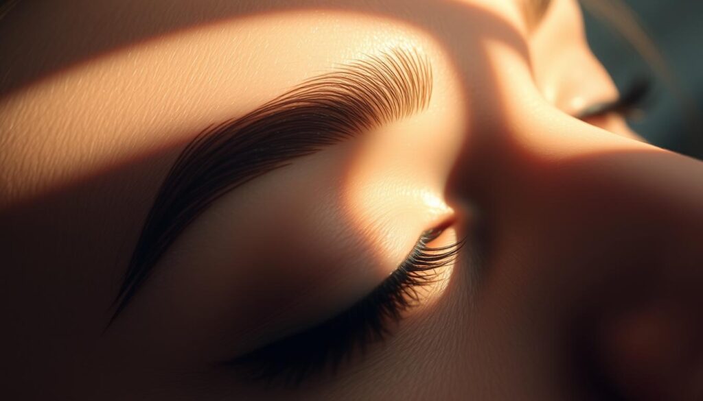 A soft, ethereal closeup of a person's brow, showcasing the graceful ombre effect of their perfectly groomed eyebrows. The lighting is warm and diffused, highlighting the delicate transition of color from dark to light, creating a subtle yet stunning gradient. The focus is sharp on the brow, drawing the viewer's attention to the artful shaping and blending of the hairs. The background is blurred, creating a sense of depth and emphasis on the main subject. The overall mood is one of elegant refinement, inviting the viewer to appreciate the beauty and skill behind this captivating brow makeup technique. A soft, ethereal closeup of a person's brow, showcasing the graceful ombre effect of their perfectly groomed eyebrows. The lighting is warm and diffused, highlighting the delicate transition of color from dark to light, creating a subtle yet stunning gradient. The focus is sharp on the brow, drawing the viewer's attention to the artful shaping and blending of the hairs. The background is blurred, creating a sense of depth and emphasis on the main subject. The overall mood is one of elegant refinement, inviting the viewer to appreciate the beauty and skill behind this captivating brow makeup technique.