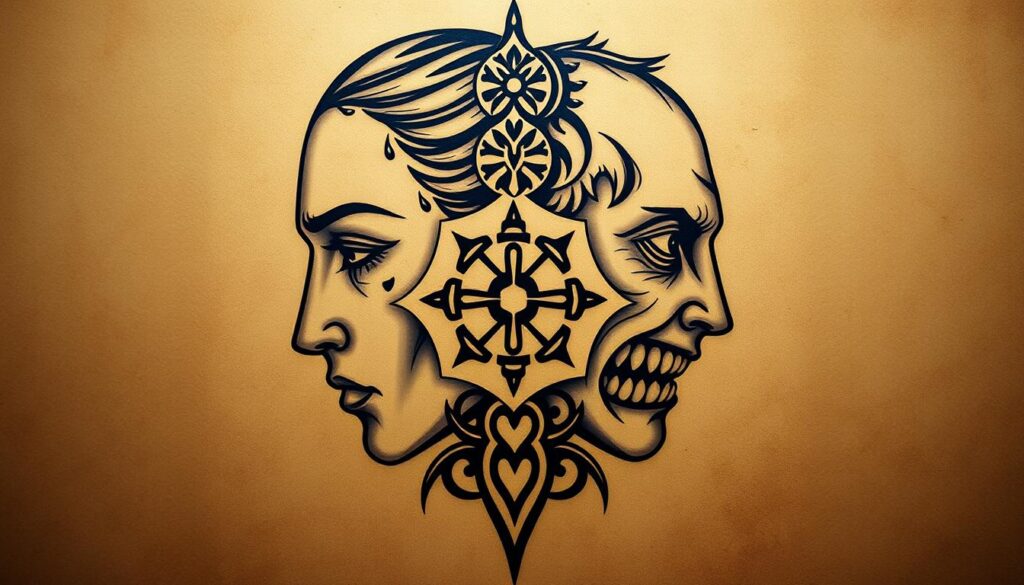 A striking double-faced tattoo design, showcasing the duality of human nature. The foreground depicts two intertwined faces, one serene and composed, the other in a state of emotional turmoil, conveying the complex interplay of inner calm and hidden anguish. The middle ground features intricate symbolic patterns, reminiscent of ancient tribal art, adding depth and cultural significance to the design. The background is a blend of muted earthy tones, creating a moody, contemplative atmosphere that enhances the tattoo's symbolic meaning. Soft, diffused lighting casts subtle shadows, accentuating the contrasting expressions and the tattoo's three-dimensional quality. The overall composition evokes a sense of inner conflict and the duality of the human psyche. A striking double-faced tattoo design, showcasing the duality of human nature. The foreground depicts two intertwined faces, one serene and composed, the other in a state of emotional turmoil, conveying the complex interplay of inner calm and hidden anguish. The middle ground features intricate symbolic patterns, reminiscent of ancient tribal art, adding depth and cultural significance to the design. The background is a blend of muted earthy tones, creating a moody, contemplative atmosphere that enhances the tattoo's symbolic meaning. Soft, diffused lighting casts subtle shadows, accentuating the contrasting expressions and the tattoo's three-dimensional quality. The overall composition evokes a sense of inner conflict and the duality of the human psyche.