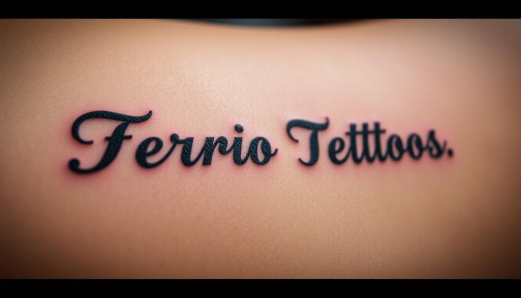 A striking tattoo design featuring a stylized text inscription against a detailed skin texture. The foreground highlights the carefully selected font, with crisp lines and balanced proportions that convey a sense of elegance and permanence. The middle ground showcases the intricate patterns and shading of the skin, emphasizing the organic integration of the tattoo. The background is subtly blurred, maintaining the focus on the central design. The lighting is soft and diffused, creating subtle highlights and shadows that accentuate the three-dimensional quality of the tattoo. The overall composition and mood evoke a sense of thoughtfulness and personal expression. A striking tattoo design featuring a stylized text inscription against a detailed skin texture. The foreground highlights the carefully selected font, with crisp lines and balanced proportions that convey a sense of elegance and permanence. The middle ground showcases the intricate patterns and shading of the skin, emphasizing the organic integration of the tattoo. The background is subtly blurred, maintaining the focus on the central design. The lighting is soft and diffused, creating subtle highlights and shadows that accentuate the three-dimensional quality of the tattoo. The overall composition and mood evoke a sense of thoughtfulness and personal expression.