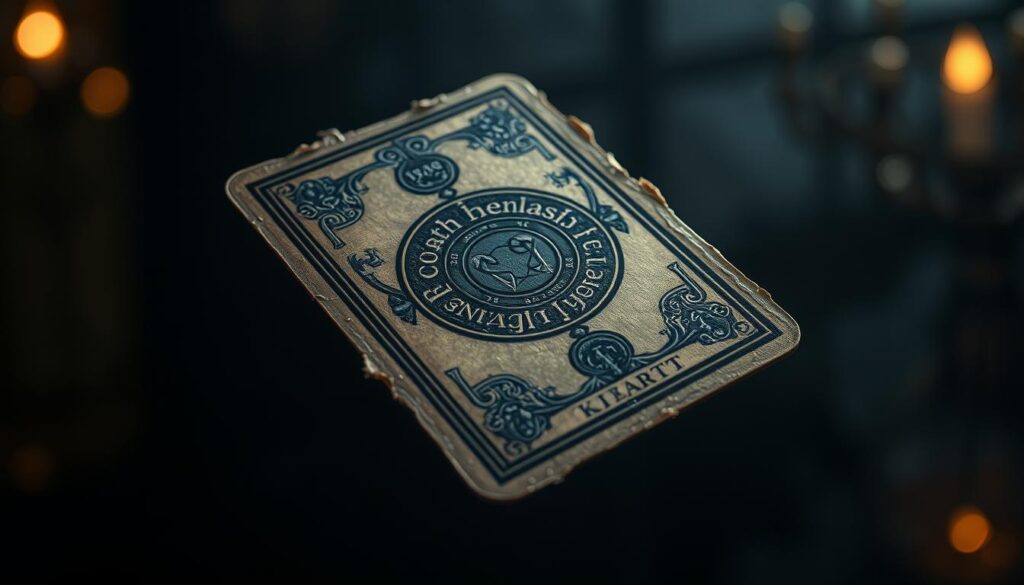 A tarot card with a mystical, ethereal quality. The card's surface is intricately detailed, with ornate symbols and patterns etched into the weathered material. The card floats weightlessly, its edges slightly tattered, hinting at a life of use and experience. Soft, ambient lighting casts gentle shadows, creating a sense of depth and dimension. The background is a dimly lit, moody space, filled with a sense of anticipation and the unknown. The overall impression is one of divination, fate, and the unpredictable nature of life's journey. A tarot card with a mystical, ethereal quality. The card's surface is intricately detailed, with ornate symbols and patterns etched into the weathered material. The card floats weightlessly, its edges slightly tattered, hinting at a life of use and experience. Soft, ambient lighting casts gentle shadows, creating a sense of depth and dimension. The background is a dimly lit, moody space, filled with a sense of anticipation and the unknown. The overall impression is one of divination, fate, and the unpredictable nature of life's journey.