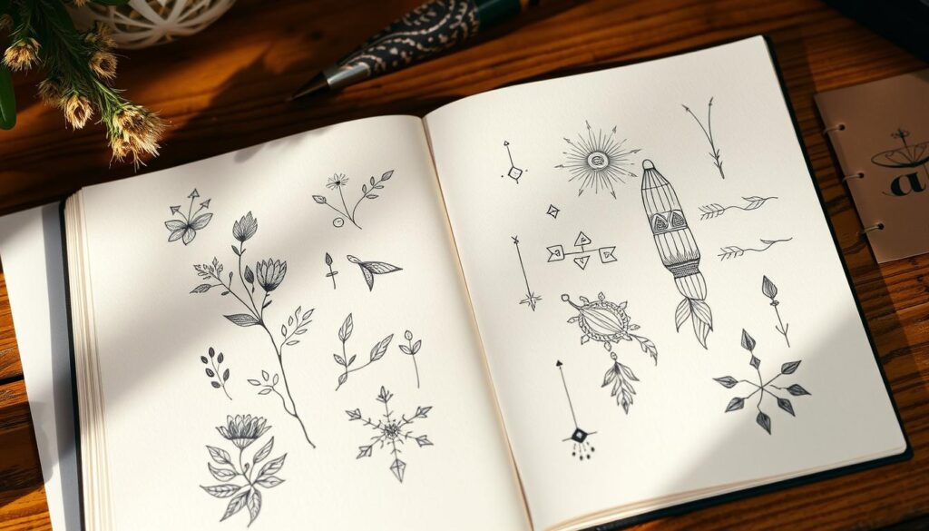 A tattoo artist's sketchbook filled with inspirational designs for the left and right hands, showcased in a warm, natural lighting. The pages feature a harmonious blend of delicate floral motifs, abstract geometric patterns, and symbolic icons. The compositions are thoughtfully arranged, with a focus on balance and complementary elements. The sketchbook is placed on a wooden surface, creating a cozy, artisanal atmosphere. The overall mood is one of creativity, personal expression, and the endless possibilities for individual tattoo choices. A tattoo artist's sketchbook filled with inspirational designs for the left and right hands, showcased in a warm, natural lighting. The pages feature a harmonious blend of delicate floral motifs, abstract geometric patterns, and symbolic icons. The compositions are thoughtfully arranged, with a focus on balance and complementary elements. The sketchbook is placed on a wooden surface, creating a cozy, artisanal atmosphere. The overall mood is one of creativity, personal expression, and the endless possibilities for individual tattoo choices.