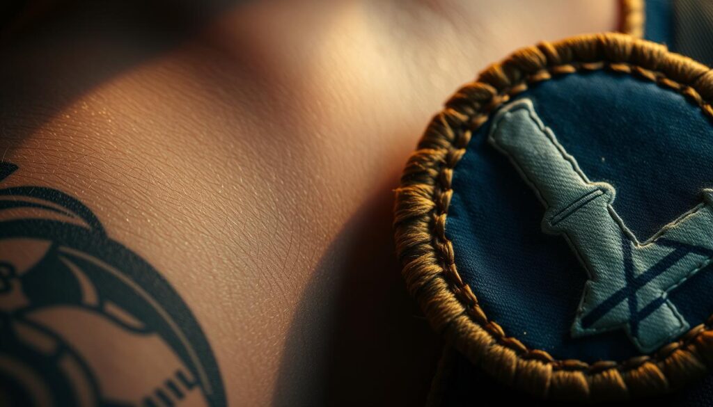 A tightly framed, high-resolution close-up showcasing the textural details of a tattoo and a sewn-on patch or badge side by side. The tattoo is highly realistic, with intricate linework and shading, while the patch has a vintage, distressed appearance with visible stitching. Both elements are illuminated by warm, directional lighting, creating dramatic shadows and highlights that emphasize their tactile qualities. The background is softly blurred, placing the focus entirely on the comparison between these two forms of personal expression. The overall mood is one of thoughtful contemplation, inviting the viewer to consider the nuances that distinguish a tattoo from a sewn-on patch as modes of self-representation. A tightly framed, high-resolution close-up showcasing the textural details of a tattoo and a sewn-on patch or badge side by side. The tattoo is highly realistic, with intricate linework and shading, while the patch has a vintage, distressed appearance with visible stitching. Both elements are illuminated by warm, directional lighting, creating dramatic shadows and highlights that emphasize their tactile qualities. The background is softly blurred, placing the focus entirely on the comparison between these two forms of personal expression. The overall mood is one of thoughtful contemplation, inviting the viewer to consider the nuances that distinguish a tattoo from a sewn-on patch as modes of self-representation.