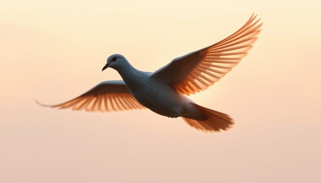 A tranquil dove, its wings unfurled, taking flight against a serene, pastel sky. The bird's silhouette is sharp, with intricate feather details etched in warm, soothing tones. In the foreground, a tattoo-like design emerges, its soft, flowing lines symbolizing peace, hope, and spiritual connection. The composition is balanced, with a soft, hazy background that enhances the dove's gentle, ethereal presence. The lighting is natural, diffused, and casts a warm, contemplative glow, evoking a sense of inner calm and contemplation. A tranquil dove, its wings unfurled, taking flight against a serene, pastel sky. The bird's silhouette is sharp, with intricate feather details etched in warm, soothing tones. In the foreground, a tattoo-like design emerges, its soft, flowing lines symbolizing peace, hope, and spiritual connection. The composition is balanced, with a soft, hazy background that enhances the dove's gentle, ethereal presence. The lighting is natural, diffused, and casts a warm, contemplative glow, evoking a sense of inner calm and contemplation.