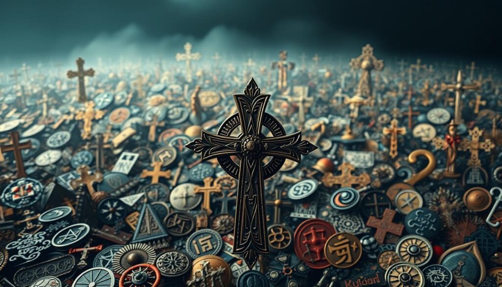 A vast expanse of diverse cultural symbols, representing the profound significance of the cross tattoo across the globe. In the foreground, intricate designs intertwine, showcasing the cross motif through the lens of ancient civilizations and spiritual traditions. The middle ground reveals a kaleidoscope of symbolic interpretations, from the reverent to the enigmatic. In the background, a subtle play of light and shadow imbues the scene with a sense of mysticism, inviting the viewer to explore the rich tapestry of belief systems that have shaped the meaning of this timeless emblem. The image emanates a contemplative atmosphere, capturing the essence of the cross tattoo's universal appeal and its ability to transcend cultural boundaries. A vast expanse of diverse cultural symbols, representing the profound significance of the cross tattoo across the globe. In the foreground, intricate designs intertwine, showcasing the cross motif through the lens of ancient civilizations and spiritual traditions. The middle ground reveals a kaleidoscope of symbolic interpretations, from the reverent to the enigmatic. In the background, a subtle play of light and shadow imbues the scene with a sense of mysticism, inviting the viewer to explore the rich tapestry of belief systems that have shaped the meaning of this timeless emblem. The image emanates a contemplative atmosphere, capturing the essence of the cross tattoo's universal appeal and its ability to transcend cultural boundaries.