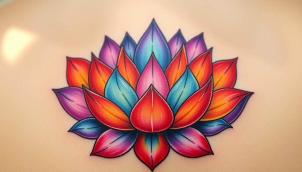 A vibrant and colorful lotus flower tattoo, its petals blooming in a spectrum of hues. The intricate design is set against a soft, ethereal background, with a warm, natural lighting that casts a gentle glow. The lotus is rendered with exceptional detail, capturing the delicate textures and graceful curves of the flower. The colors, ranging from rich purples and blues to vibrant reds and oranges, symbolize the spiritual significance of the lotus - its purity, enlightenment, and connection to the divine. The overall composition is balanced and harmonious, creating a visually stunning and meaningful representation of the lotus flower and its profound symbolism.