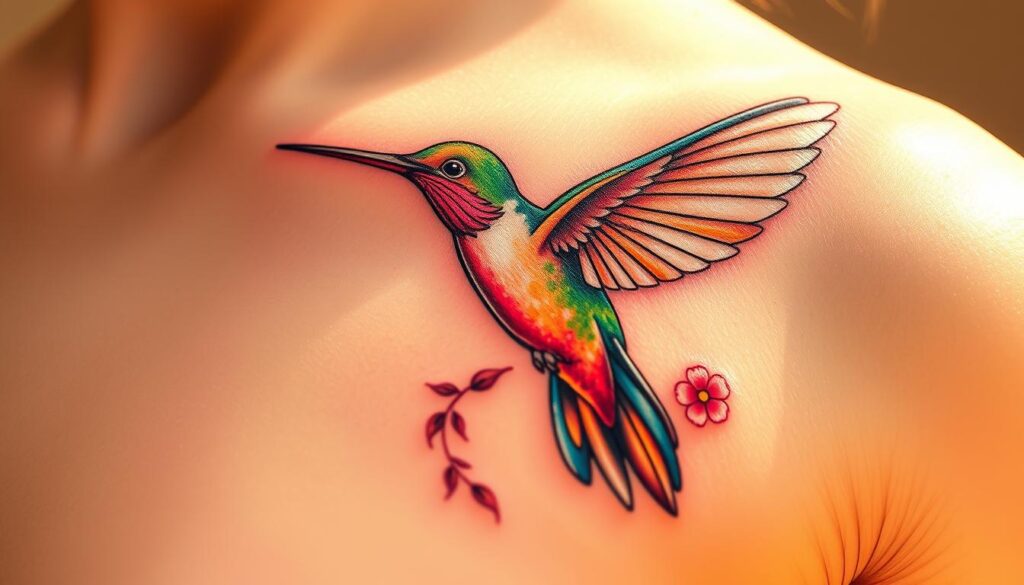 A vibrant and ethereal hummingbird tattoo, rendered in intricate detail. The hummingbird's delicate wings are captured in a graceful, mid-flight pose, its iridescent feathers shimmering with life. The tattoo is adorned with a delicate floral motif, symbolizing the joy, lightness, and freedom that the hummingbird represents. The design is highlighted by warm, natural lighting, casting a soft, golden glow and creating a serene, contemplative atmosphere. The tattoo is depicted on smooth, lifelike skin, seamlessly blending the organic and the artistic. The overall composition conveys a sense of tranquility and unbridled spirit, capturing the essence of the hummingbird's symbolic meaning. A vibrant and ethereal hummingbird tattoo, rendered in intricate detail. The hummingbird's delicate wings are captured in a graceful, mid-flight pose, its iridescent feathers shimmering with life. The tattoo is adorned with a delicate floral motif, symbolizing the joy, lightness, and freedom that the hummingbird represents. The design is highlighted by warm, natural lighting, casting a soft, golden glow and creating a serene, contemplative atmosphere. The tattoo is depicted on smooth, lifelike skin, seamlessly blending the organic and the artistic. The overall composition conveys a sense of tranquility and unbridled spirit, capturing the essence of the hummingbird's symbolic meaning.