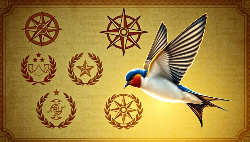 A vibrant, detailed illustration of the symbolic meaning of the swallow bird in different cultures. In the foreground, a realistic swallow in flight, its wings spread wide, feathers glistening in the warm, golden light. In the middle ground, symbolic representations of the swallow's significance - a compass rose indicating its navigational prowess, laurel wreaths denoting its association with loyalty and return, and celestial motifs hinting at its spiritual connotations. The background features a rich, textured tapestry of cultural patterns and motifs, creating a sense of depth and global cultural context. The overall composition is balanced, dynamic, and visually captivating, capturing the essence of the swallow's multifaceted symbolic power. A vibrant, detailed illustration of the symbolic meaning of the swallow bird in different cultures. In the foreground, a realistic swallow in flight, its wings spread wide, feathers glistening in the warm, golden light. In the middle ground, symbolic representations of the swallow's significance - a compass rose indicating its navigational prowess, laurel wreaths denoting its association with loyalty and return, and celestial motifs hinting at its spiritual connotations. The background features a rich, textured tapestry of cultural patterns and motifs, creating a sense of depth and global cultural context. The overall composition is balanced, dynamic, and visually captivating, capturing the essence of the swallow's multifaceted symbolic power.