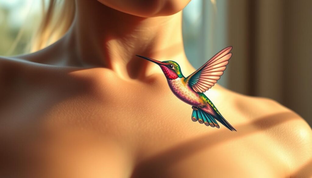 A vibrant, photorealistic image of a hummingbird tattoo on a person's skin, with intricate details capturing the essence of the bird's delicate feathers, iridescent colors, and graceful movements. The tattoo is situated on the foreground, with a blurred, softly-lit background to emphasize the focal point. The lighting is natural and warm, casting gentle shadows that accentuate the depth and texture of the tattoo design. The angle is slightly angled, providing a dynamic and engaging perspective. The overall mood evokes a sense of joy, lightness, and freedom, in line with the symbolic meaning of the hummingbird. A vibrant, photorealistic image of a hummingbird tattoo on a person's skin, with intricate details capturing the essence of the bird's delicate feathers, iridescent colors, and graceful movements. The tattoo is situated on the foreground, with a blurred, softly-lit background to emphasize the focal point. The lighting is natural and warm, casting gentle shadows that accentuate the depth and texture of the tattoo design. The angle is slightly angled, providing a dynamic and engaging perspective. The overall mood evokes a sense of joy, lightness, and freedom, in line with the symbolic meaning of the hummingbird.