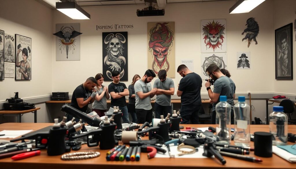 A well-lit classroom setting, with an array of tattoo equipment and supplies neatly arranged on a table in the foreground. In the middle ground, a group of aspiring tattoo artists attentively watching a skilled instructor demonstrating various tattooing techniques. The background features inspiring tattoo art adorning the walls, creating an atmosphere of creative energy and professionalism. The overall scene conveys the importance of proper training and education for those embarking on a career in the tattoo industry. A well-lit classroom setting, with an array of tattoo equipment and supplies neatly arranged on a table in the foreground. In the middle ground, a group of aspiring tattoo artists attentively watching a skilled instructor demonstrating various tattooing techniques. The background features inspiring tattoo art adorning the walls, creating an atmosphere of creative energy and professionalism. The overall scene conveys the importance of proper training and education for those embarking on a career in the tattoo industry.