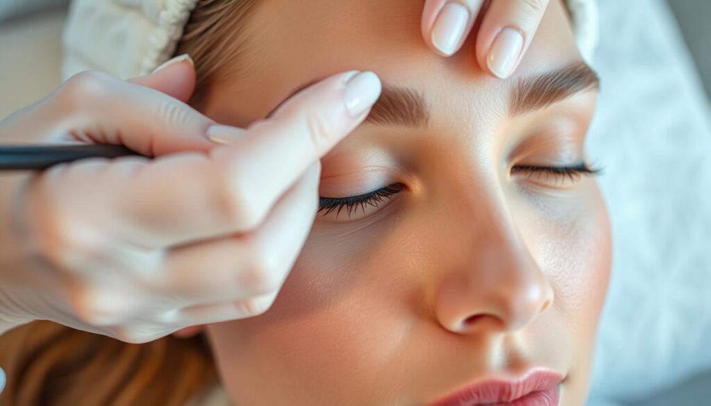 A well-lit, close-up image of a woman's face, featuring her eyebrows undergoing a cosmetic treatment. The focus is on the brow area, with the skin appearing smooth and well-cared for. The treatment involves the application of a nourishing serum or cream, which is gently massaged into the brows using delicate, precise movements. The lighting is soft and flattering, creating a serene, spa-like atmosphere. The model's expression is calm and relaxed, conveying the rejuvenating and therapeutic nature of the procedure. The background is blurred, placing the emphasis entirely on the brow treatment process.