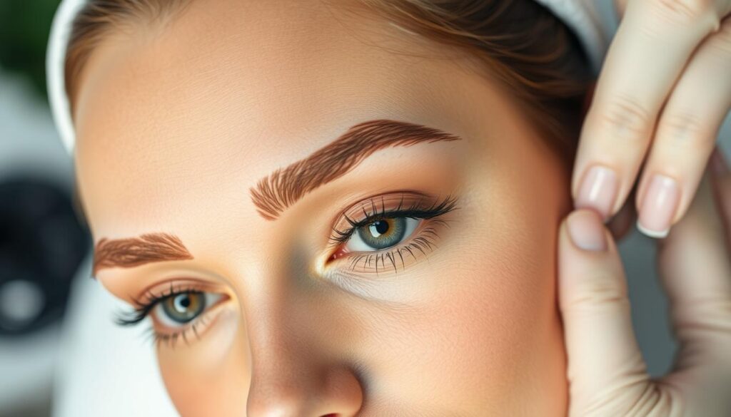 A well-lit, high-resolution image of a woman's face, closely cropped to focus on her eyebrows. The brows are neatly shaped, and the skin around them is clean and prepped for a brow lamination treatment. The lighting is soft and diffused, creating an inviting, spa-like atmosphere. The woman's expression is serene and relaxed, conveying the sense of self-care and pampering associated with this beauty treatment. The background is blurred, keeping the attention on the subject's perfectly groomed eyebrows.