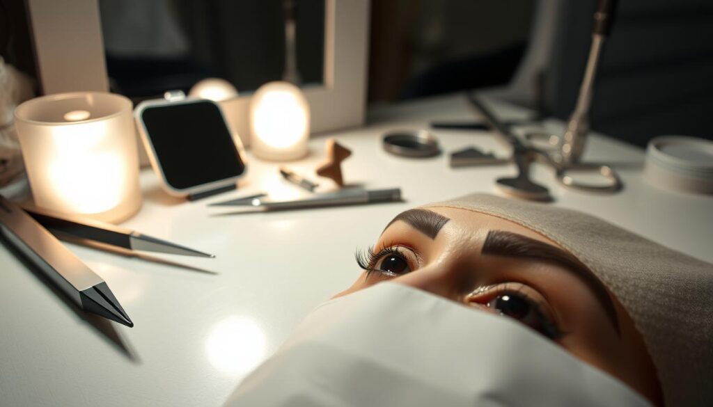 A well-lit vanity table showcases an array of grooming tools - tweezers, scissors, and a small mirror. In the foreground, a pair of eyebrows, neatly shaped and defined, are the focal point. The scene conveys a sense of precision and care, with a calm, soothing atmosphere, as if the viewer is about to embark on the process of eyebrow shaping. Soft, diffused lighting illuminates the table, creating a sense of elegance and professionalism. The angle suggests a close-up view, allowing the viewer to fully appreciate the intricate details of the grooming process.