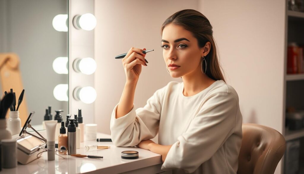 A young woman sitting at a vanity, meticulously preparing for her eyebrow lamination treatment. The bright, well-lit vanity is filled with various grooming tools and products - tweezers, brow gel, brow powder, and a lamination kit. The woman has a focused, serene expression as she carefully combs and shapes her brows, readying them for the upcoming procedure. The scene conveys a sense of anticipation and self-care, with the woman taking the time to properly prepare her brows for the transformative lamination process. Soft, warm lighting illuminates the scene, creating a calming, spa-like atmosphere. A young woman sitting at a vanity, meticulously preparing for her eyebrow lamination treatment. The bright, well-lit vanity is filled with various grooming tools and products - tweezers, brow gel, brow powder, and a lamination kit. The woman has a focused, serene expression as she carefully combs and shapes her brows, readying them for the upcoming procedure. The scene conveys a sense of anticipation and self-care, with the woman taking the time to properly prepare her brows for the transformative lamination process. Soft, warm lighting illuminates the scene, creating a calming, spa-like atmosphere.