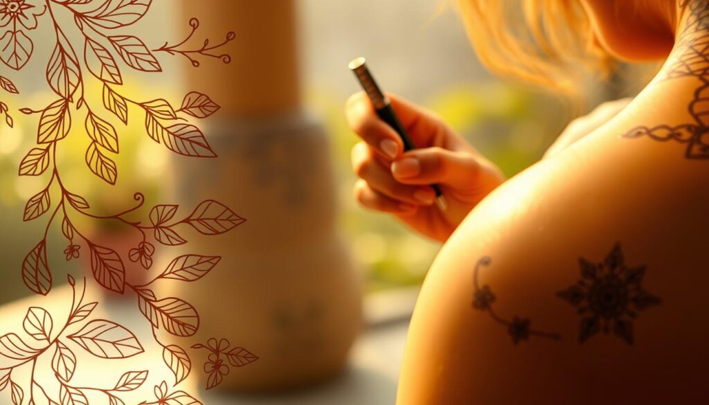 Delicate, intricate henna tattoo designs unfurling across a serene, sun-kissed skin canvas. Graceful, flowing patterns of leaves, flowers, and geometric shapes adorn the foreground, their intricate linework and warm, earthy tones creating a natural, organic aesthetic. The middle ground features the hands of a skilled henna artist, meticulously applying the paste with a steady hand, while the background offers a soft, blurred vision of a tranquil, outdoor setting - perhaps a lush garden or a peaceful patio. Subtle, diffused lighting casts a gentle, golden glow, evoking a serene, calming mood. The overall composition captures the beauty, artistry, and ancient traditions of henna body art. Delicate, intricate henna tattoo designs unfurling across a serene, sun-kissed skin canvas. Graceful, flowing patterns of leaves, flowers, and geometric shapes adorn the foreground, their intricate linework and warm, earthy tones creating a natural, organic aesthetic. The middle ground features the hands of a skilled henna artist, meticulously applying the paste with a steady hand, while the background offers a soft, blurred vision of a tranquil, outdoor setting - perhaps a lush garden or a peaceful patio. Subtle, diffused lighting casts a gentle, golden glow, evoking a serene, calming mood. The overall composition captures the beauty, artistry, and ancient traditions of henna body art.