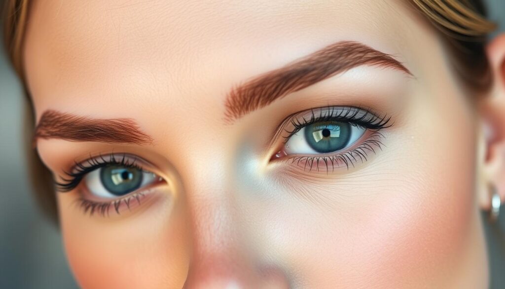Detailed close-up portrait of a woman's face, showcasing the natural beauty and symmetry of her permanent eyebrows. Soft, even lighting illuminates the smooth, flawless skin and delicate facial features. The eyebrows are precisely shaped, with a subtle ombre effect that blends seamlessly into the surrounding skin. The overall look is polished, elegant, and effortless, emphasizing the convenience and long-lasting benefits of permanent makeup. Lens angle slightly from above, creating a flattering perspective that highlights the high cheekbones and defined brow line. Muted, natural color palette with hints of warm tones to accentuate the subject's complexion.