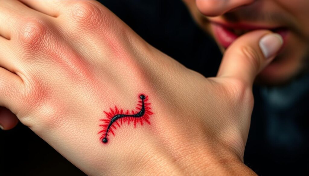 Detailed close-up shot of a hand with a freshly inked tattoo, highlighting the intense pain and discomfort experienced during the tattooing process. The skin is red, irritated, and glistening with a thin sheen of sweat, conveying the sensation of the needle piercing the flesh. The tattoo design is simple yet striking, drawing the viewer's attention to the sensitive area of the hand. Dramatic lighting casts deep shadows, emphasizing the pained expression on the subject's face. The image should evoke a sense of the intense, fleeting pain associated with getting a tattoo on the delicate skin of the hand.