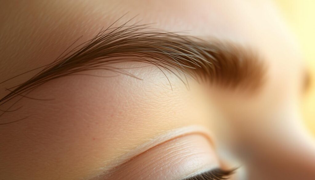 Detailed close-up shot of human eyebrows growing back after plucking or waxing. Foreground shows the fine, sparse hairs emerging from the skin in a natural, organic pattern. Middle ground reveals the subtly textured brow area with pores and faint reddish irritation. Background is softly blurred, creating a sense of intimate focus on the regrowth process. Warm, natural lighting from the side emphasizes the delicate, translucent quality of the new hairs. High-resolution, sharp focus on the brow region, using a macro lens to capture the intricate details of the regeneration. Detailed close-up shot of human eyebrows growing back after plucking or waxing. Foreground shows the fine, sparse hairs emerging from the skin in a natural, organic pattern. Middle ground reveals the subtly textured brow area with pores and faint reddish irritation. Background is softly blurred, creating a sense of intimate focus on the regrowth process. Warm, natural lighting from the side emphasizes the delicate, translucent quality of the new hairs. High-resolution, sharp focus on the brow region, using a macro lens to capture the intricate details of the regeneration.