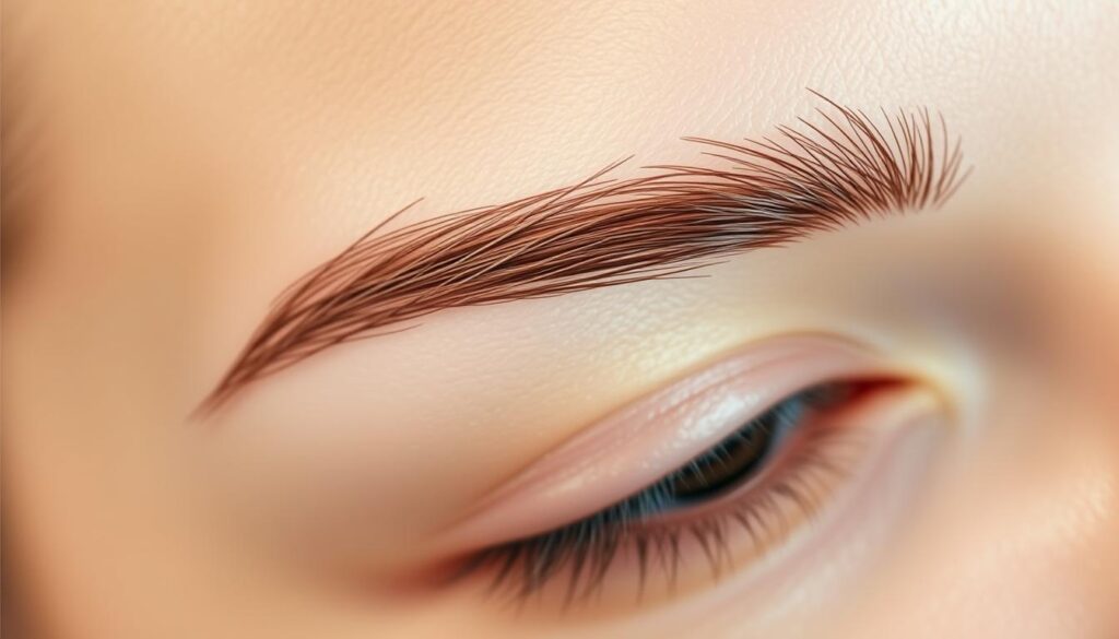 Detailed close-up shot of perfectly groomed eyebrows, featuring a high-definition, hyper-realistic rendering. The brows are well-shaped, with a natural arch and uniform thickness. Soft, even lighting illuminates the intricate texture of individual hairs, creating a sense of depth and dimension. The skin around the brows appears smooth and flawless, with a subtle, healthy glow. The overall composition draws the viewer's attention to the careful attention to detail and precision of the brow grooming process, conveying a sense of professionalism and expertise.