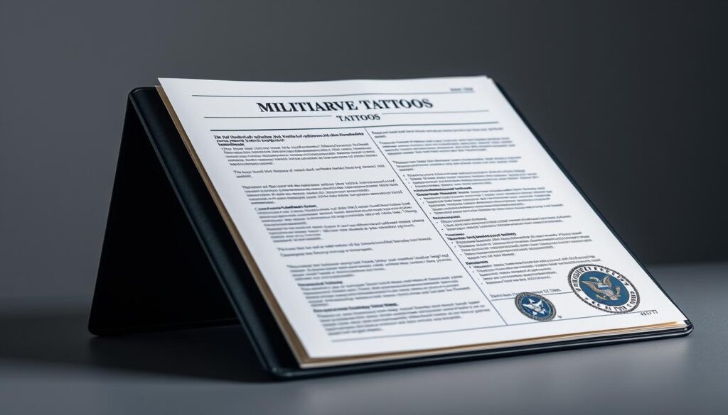 Detailed military regulations regarding tattoos, depicted in a formal, authoritative manner. A large binder or document with military insignia and official seals, set against a muted, professional backdrop. Crisp lighting illuminates the text and graphics, conveying a sense of precision and protocol. The composition focuses on the key details, with a balanced, symmetrical layout that suggests the rigorous nature of the subject matter. Subtle textures and a restrained color palette contribute to the serious, institutional tone. An image that visually represents the official military guidelines around tattoos. Detailed military regulations regarding tattoos, depicted in a formal, authoritative manner. A large binder or document with military insignia and official seals, set against a muted, professional backdrop. Crisp lighting illuminates the text and graphics, conveying a sense of precision and protocol. The composition focuses on the key details, with a balanced, symmetrical layout that suggests the rigorous nature of the subject matter. Subtle textures and a restrained color palette contribute to the serious, institutional tone. An image that visually represents the official military guidelines around tattoos.