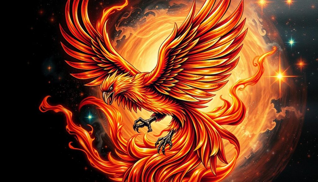 Detailed phoenix tattoo design with a striking, mythical bird rising from a swirling vortex of vibrant flames. The phoenix's feathers shimmer with metallic accents, while its piercing eyes and powerful talons convey a sense of strength and rebirth. The background features an ethereal, cosmic landscape with glowing nebulae and shimmering stars, creating a captivating and otherworldly atmosphere. Dramatic chiaroscuro lighting casts dramatic shadows, highlighting the intricate details and the phoenix's powerful, majestic presence. The overall composition is balanced and visually striking, inspiring a sense of awe and wonder. Detailed phoenix tattoo design with a striking, mythical bird rising from a swirling vortex of vibrant flames. The phoenix's feathers shimmer with metallic accents, while its piercing eyes and powerful talons convey a sense of strength and rebirth. The background features an ethereal, cosmic landscape with glowing nebulae and shimmering stars, creating a captivating and otherworldly atmosphere. Dramatic chiaroscuro lighting casts dramatic shadows, highlighting the intricate details and the phoenix's powerful, majestic presence. The overall composition is balanced and visually striking, inspiring a sense of awe and wonder.