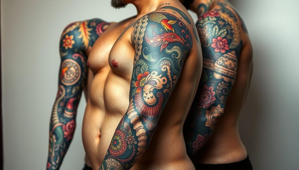 Detailed tattoo design of a full sleeve, featuring a mix of traditional and modern elements. The foreground showcases intricate line work, bold colors, and symbolic imagery like mythological creatures, floral patterns, and abstract shapes. The middle ground presents the overall composition and flow of the tattoo, seamlessly integrating the various elements. The background incorporates realistic skin texture, subtle shadows, and highlights to create a natural, lifelike appearance. The lighting is soft and diffused, emphasizing the depth and dimensionality of the tattoo design. The camera angle is slightly elevated to provide a comprehensive view of the complete sleeve tattoo concept. Detailed tattoo design of a full sleeve, featuring a mix of traditional and modern elements. The foreground showcases intricate line work, bold colors, and symbolic imagery like mythological creatures, floral patterns, and abstract shapes. The middle ground presents the overall composition and flow of the tattoo, seamlessly integrating the various elements. The background incorporates realistic skin texture, subtle shadows, and highlights to create a natural, lifelike appearance. The lighting is soft and diffused, emphasizing the depth and dimensionality of the tattoo design. The camera angle is slightly elevated to provide a comprehensive view of the complete sleeve tattoo concept.