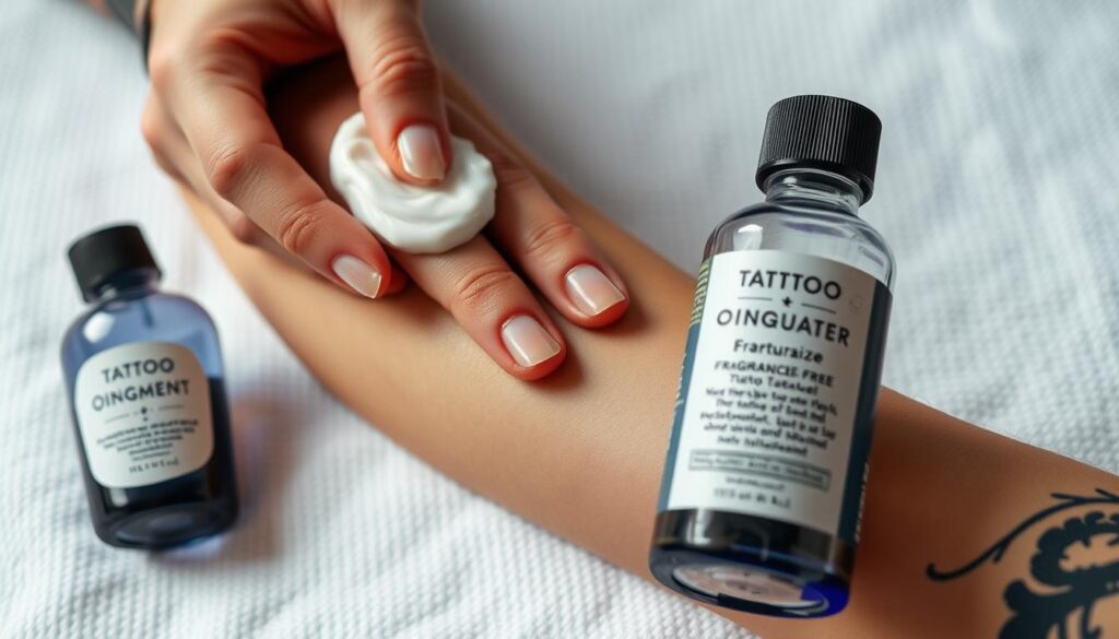 Etapy pielęgnacji tatuażu: A close-up view of a freshly inked tattoo, showcasing the stages of its aftercare. In the foreground, a hand gently applies a fragrance-free moisturizer, massaging it into the delicate skin. The middle ground features a bottle of specialized tattoo ointment, its label clearly visible. In the background, a mildly textured surface, such as a clean towel or bandage, provides a soothing backdrop. The lighting is soft and diffused, creating a serene, caring atmosphere. The composition emphasizes the attention and care required to properly maintain a new tattoo, conveying a sense of diligence and responsibility. Etapy pielęgnacji tatuażu: A close-up view of a freshly inked tattoo, showcasing the stages of its aftercare. In the foreground, a hand gently applies a fragrance-free moisturizer, massaging it into the delicate skin. The middle ground features a bottle of specialized tattoo ointment, its label clearly visible. In the background, a mildly textured surface, such as a clean towel or bandage, provides a soothing backdrop. The lighting is soft and diffused, creating a serene, caring atmosphere. The composition emphasizes the attention and care required to properly maintain a new tattoo, conveying a sense of diligence and responsibility.