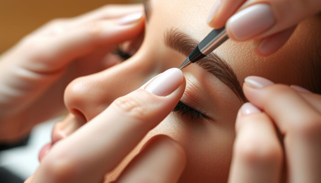 High-resolution, photorealistic close-up of a female hand carefully applying permanent eyebrow makeup with a microblading tool. The hand is positioned in the foreground, with the eyebrow area in sharp focus. The background is blurred, creating a soft, studio-lit atmosphere. The lighting is warm and even, accentuating the delicate precision of the procedure. The model's skin tone is natural, and the eyebrow hairs appear full and evenly pigmented. The overall composition conveys the intricate, professional nature of the permanent eyebrow process.