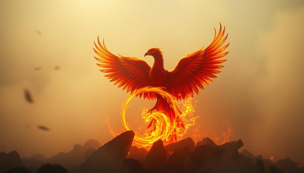 Symbolika w kulturze: a mystical and ethereal scene, showcasing the ancient symbolism of the phoenix. A majestic bird, its feathers ablaze with vibrant hues of orange, red, and gold, rises from the ashes, symbolizing rebirth, renewal, and the cyclical nature of life. In the middle ground, a swirling, fiery energy emanates, creating a sense of dynamic movement and transformation. The background is shrouded in a hazy, atmospheric mist, lending a dreamlike, otherworldly quality to the composition. Dramatic lighting casts dramatic shadows, accentuating the powerful, mythical presence of the phoenix. Soft, diffused lighting illuminates the scene, creating a sense of reverence and awe. Captured with a wide-angle lens, the image evokes a sense of grandeur and scale, inviting the viewer to immerse themselves in the symbolic power of the phoenix. Symbolika w kulturze: a mystical and ethereal scene, showcasing the ancient symbolism of the phoenix. A majestic bird, its feathers ablaze with vibrant hues of orange, red, and gold, rises from the ashes, symbolizing rebirth, renewal, and the cyclical nature of life. In the middle ground, a swirling, fiery energy emanates, creating a sense of dynamic movement and transformation. The background is shrouded in a hazy, atmospheric mist, lending a dreamlike, otherworldly quality to the composition. Dramatic lighting casts dramatic shadows, accentuating the powerful, mythical presence of the phoenix. Soft, diffused lighting illuminates the scene, creating a sense of reverence and awe. Captured with a wide-angle lens, the image evokes a sense of grandeur and scale, inviting the viewer to immerse themselves in the symbolic power of the phoenix.