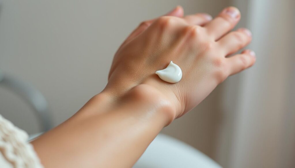 a detailed close-up of a person's hand gently applying moisturizing cream or lotion to their forearm, preparing the skin for a tattoo session. the hand is using circular massaging motions, with the skin appearing smooth, supple, and hydrated. the background is slightly blurred, creating a serene, spa-like atmosphere with neutral tones. the lighting is soft and diffused, emphasizing the delicate, caring nature of the skin preparation. the overall mood is one of relaxation, self-care, and anticipation for the upcoming tattoo.